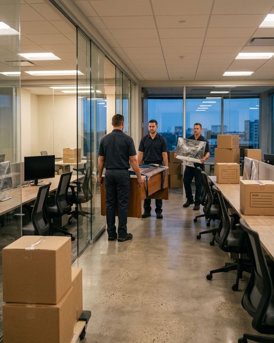 Crew moving desks and boxes in an office after hours