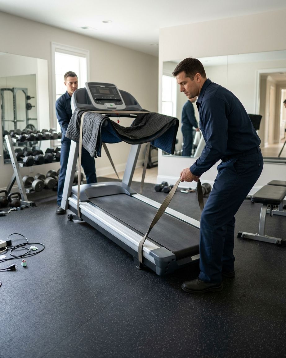 Crew moving a treadmill in a home gym