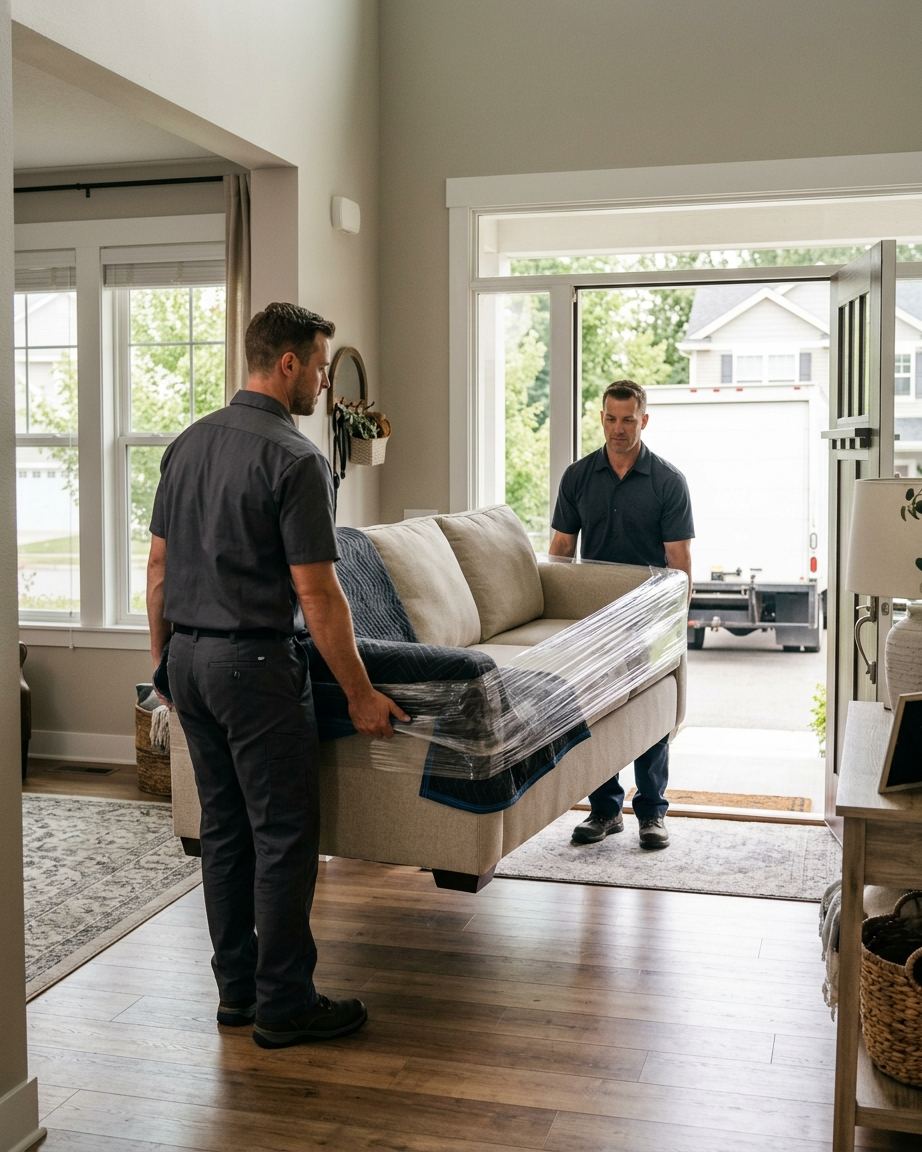 Two movers carrying a wrapped couch into a home