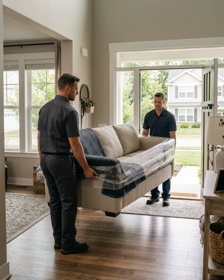Crew carrying a couch into a home, no truck in frame