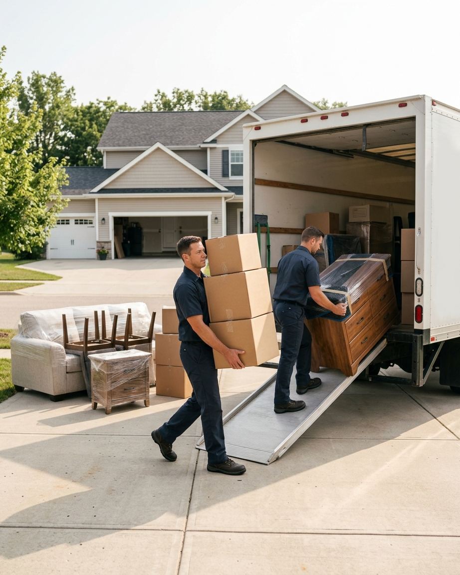 Crew loading the moving truck outside a home