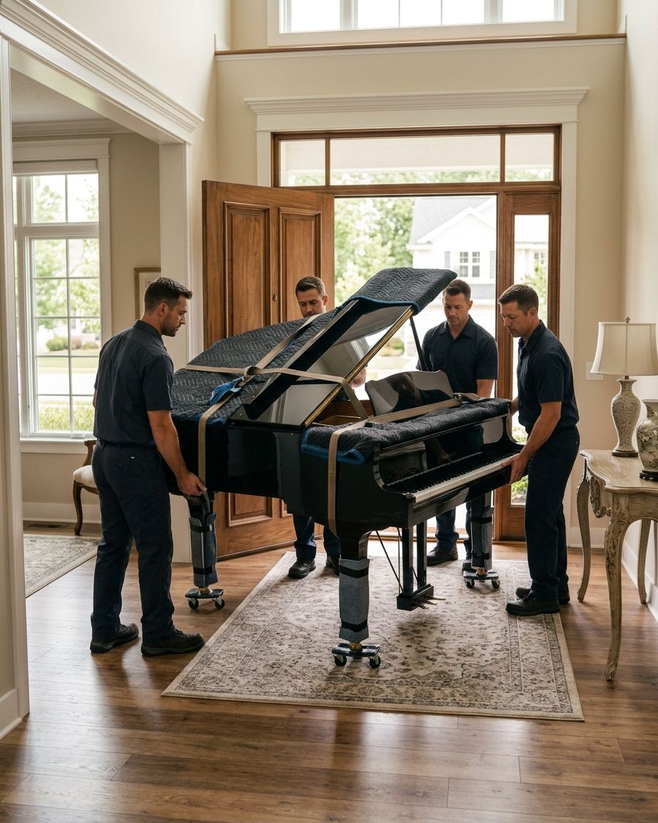 Crew moving a grand piano on padded dollies